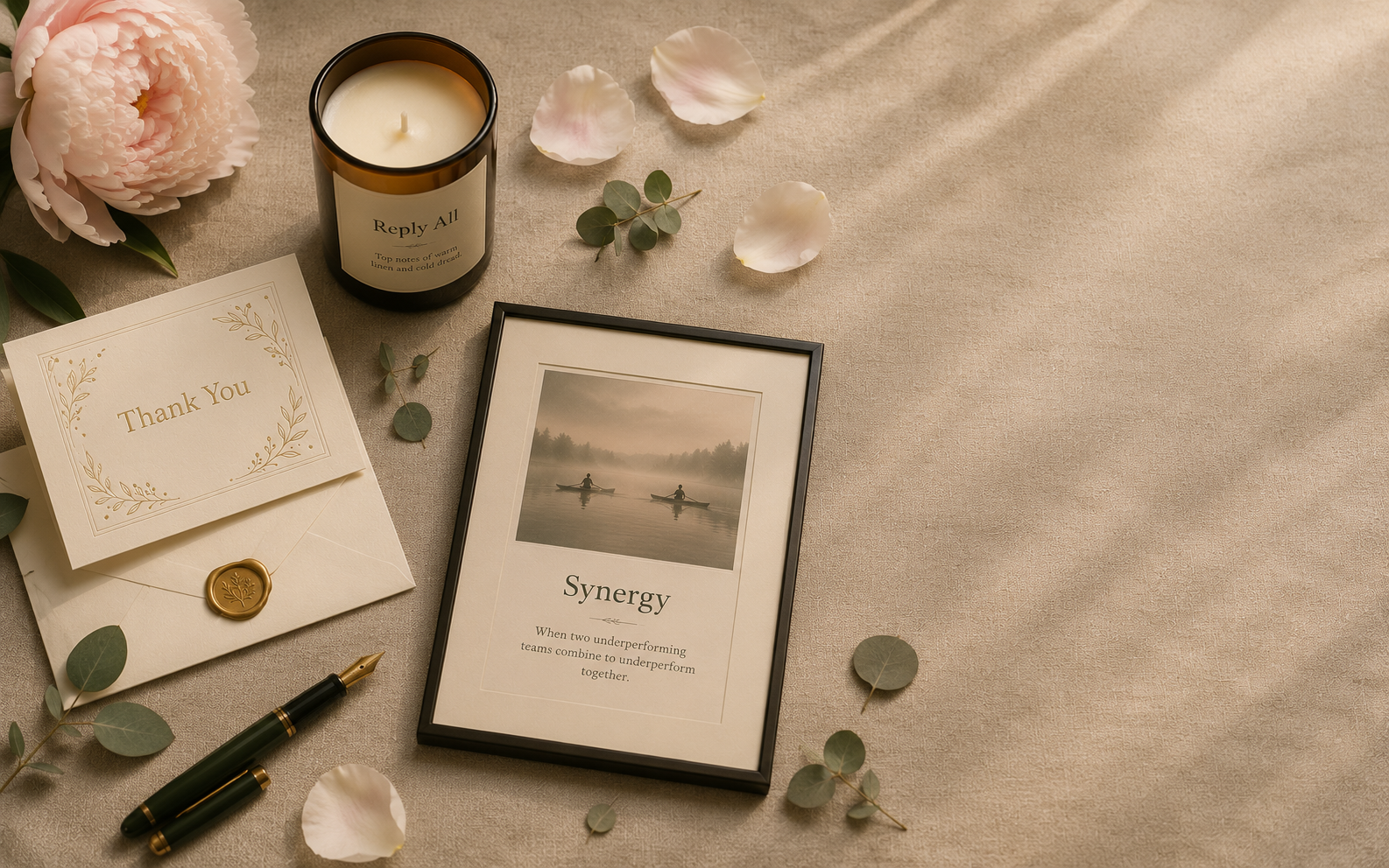 A still life of Pass-Aggro objects: card, candle, journal.